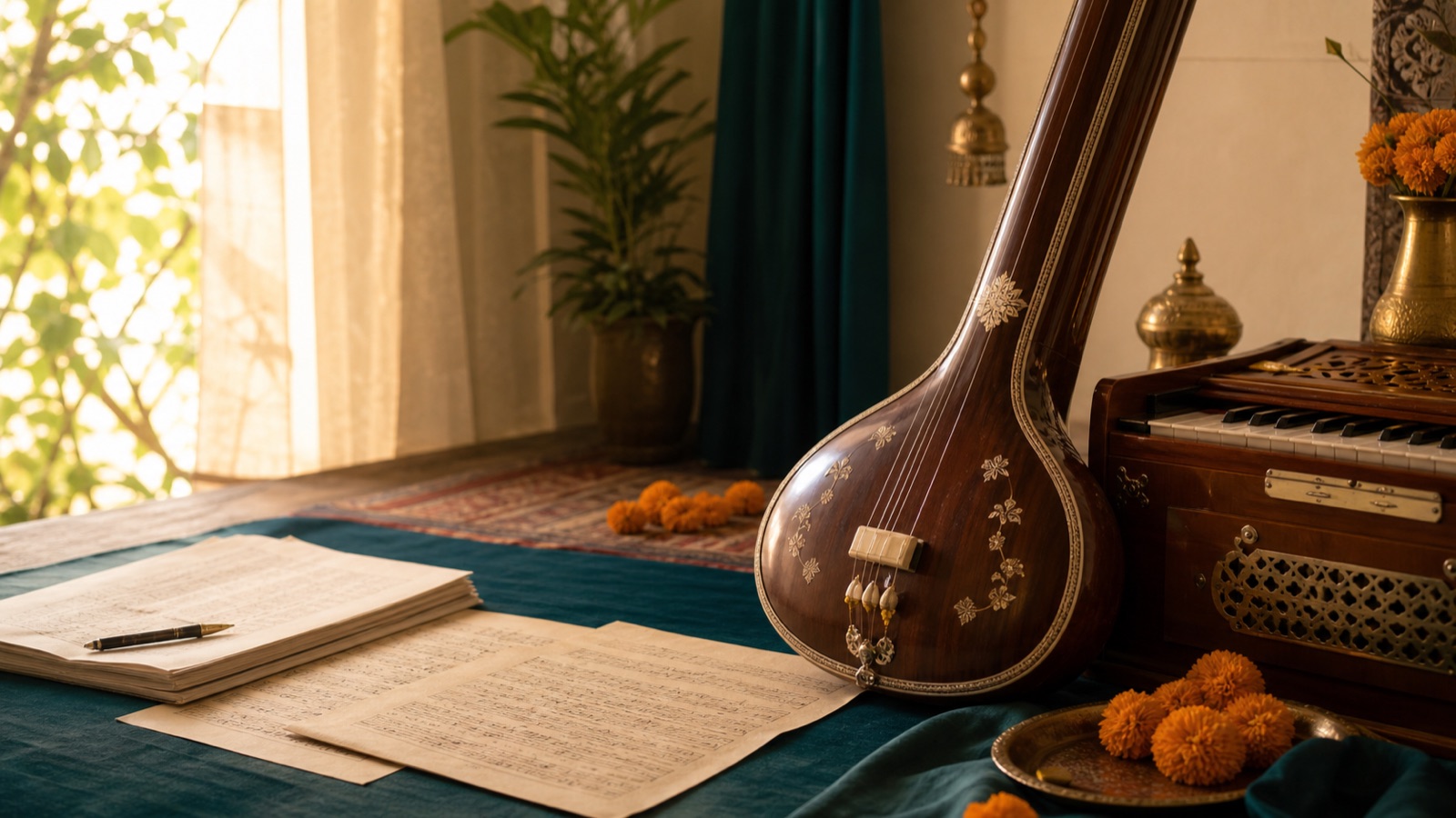 Tanpura, harmonium and music notation in a warm music practice room